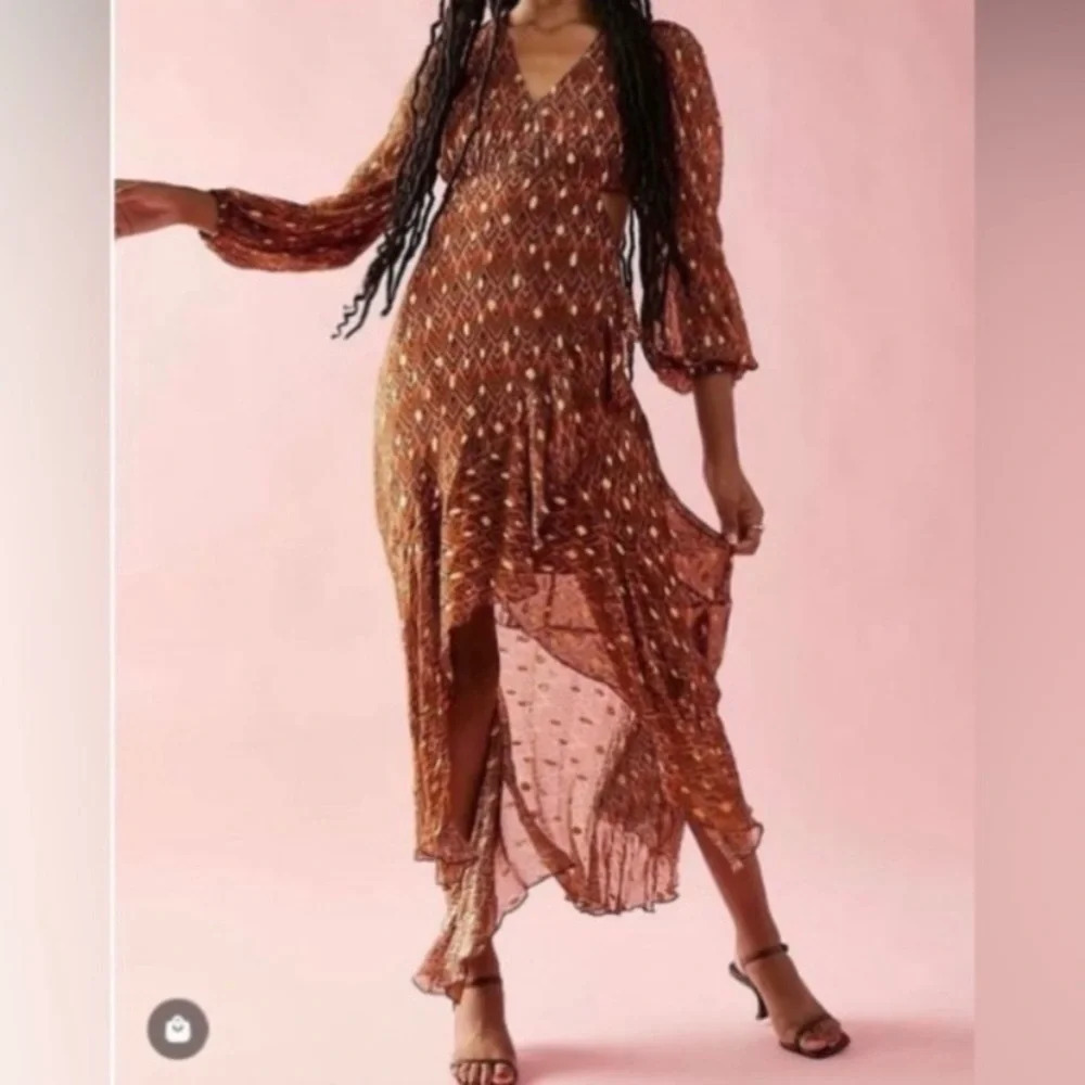 New! Ollari x free people Elana metallic chiffon lace up dress 33261 - Picture 2 of 15